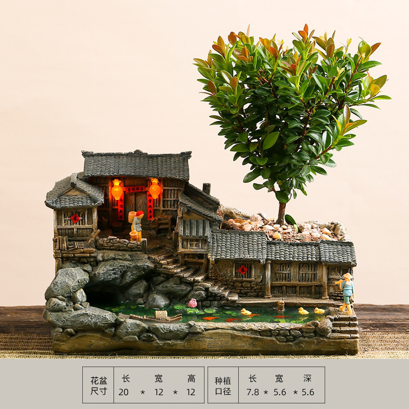 Shengbangrong クリエイティブ植木鉢レトロ建築モデルバルコニー中庭ティーテーブルティールーム家の装飾水景マイクロ風景ツリー|undefined