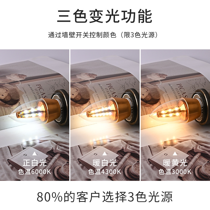 Luz de vela LED, base de tornillo E14 dorada, bombilla puntiaguda de bajo consumo E27, fuente de luz de repuesto para candelabro doméstico ultrabrillante, bombilla tipo vela.