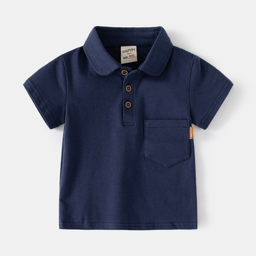 Boys short-sleeved T-shirt 2024 new children's solid color polo shirt baby summer top pocket label fashion lapel