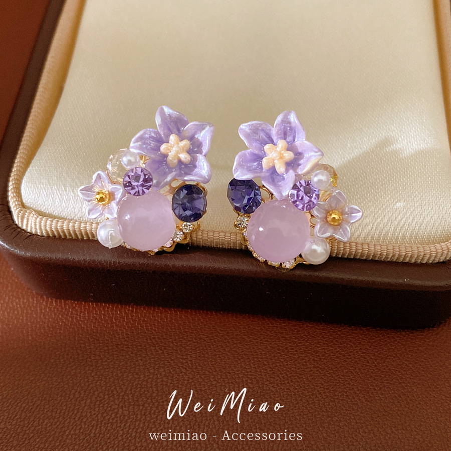 Agujas de plata, pernos de aretes de flores de resina de piedra de silicio, aretes de moda frescos y dulces, aretes de lujo ligero y de alta calidad.