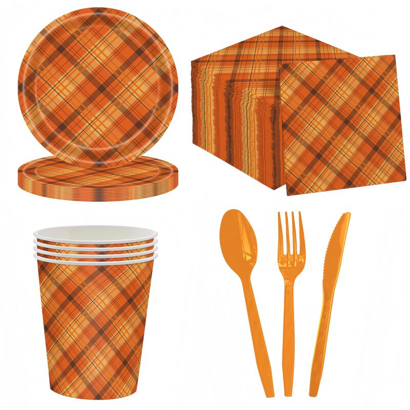 Autumn Thanksgiving Disposable Tableware Orange Plaid Party Plate Napkin Fork Set Autumn Thanksgiving Disposable Tableware Orange Plaid Party Plate Napkin Fork Set