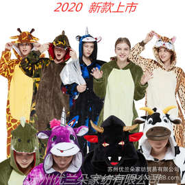 2020新款法兰绒成人动物睡衣l迷彩绿恐龙豹纹猫连体睡衣厂家直销