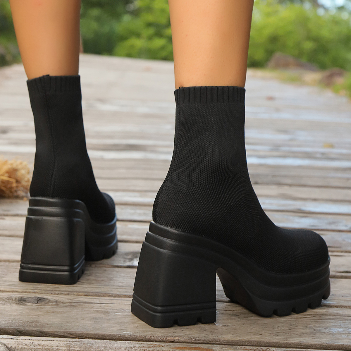 Large size large size short boots new square head waterproof platform high heels fashion thick soled elastic boots_voghion.com