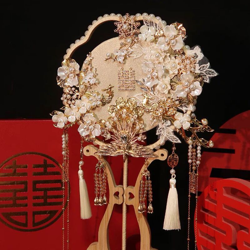 团扇结婚新娘diy材料包手工喜扇秀禾服婚礼中式高级出嫁成品扇子|undefined