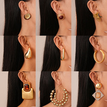 银针跨境字母圆形几何耳钉时尚金属风耳环夸张欧美高级感耳饰批发