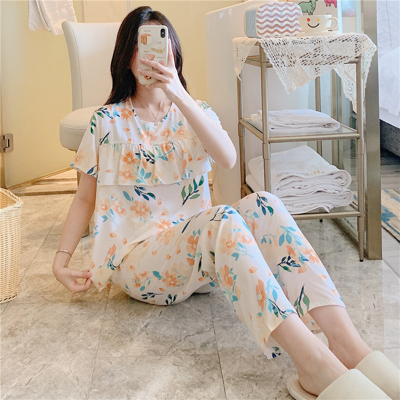 2025 Pajamas Women's Summer Thin Printed Short-Sleeved Trousers Suit Spring and Autumn Cotton Silk Korean Style Large Size Loose Home Clothes