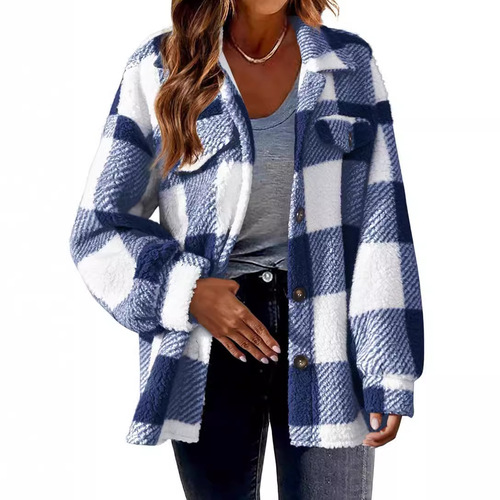 Women's Autumn/Winter Pocket-Featured Plaid Lamb Wool Cardigan with Knob Buttons and Fleece Outerwear
