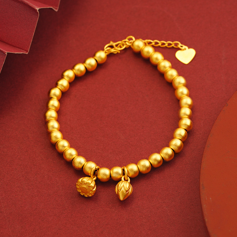 Vietnam oro estilo chino dos-mundo pulsera de loto antiguo Lucky Lotus pequeñas cuentas de oro pulsera de loto