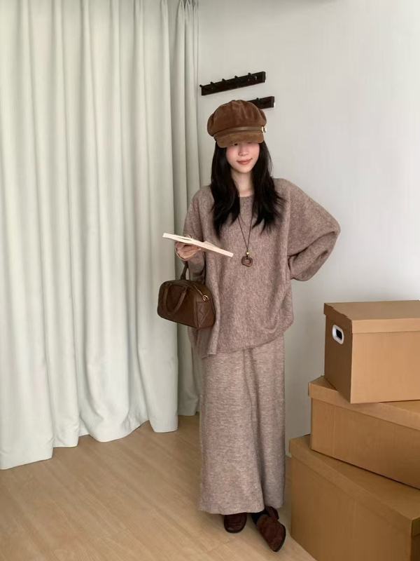 大码女装慵懒简约针织套装女秋冬新款宽松蝙蝠袖上衣半身裙两件套|undefined