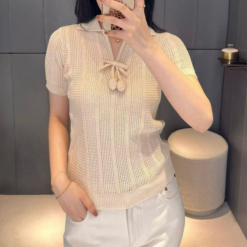 V-Neck French Style Gentle Polo Collar Knitted Short Sleeve Women's Summer New Bowknot Hollow Breathable Youthful Top V-Neck French Style Gentle Polo Collar Knitted Short Sleeve Women's Summer New Bowknot Hollow Breathable Youthful Top