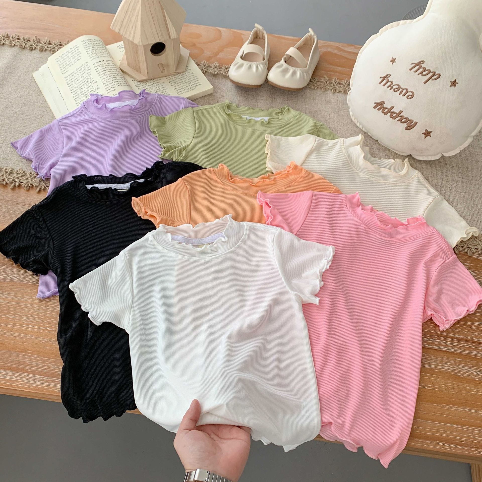 Girls' short-sleeved ice silk sports top, solid color, ruffled trim, stylish sportswear, base layer, thin face mask shirt