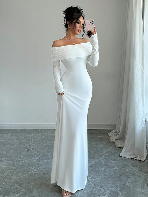 外贸礼服欧美女式女装 时尚优雅一字露肩交叉露背紧身长款连衣裙|undefined