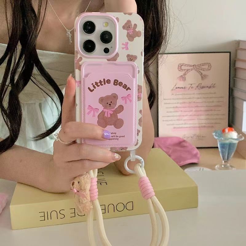El bolso de la tarjeta rosa del oso con lazo de niña es adecuado para 16ProMax cordón iPhone13 funda para teléfono móvil Apple 14P