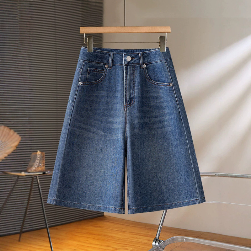Dark Blue Denim Shorts for Women, Summer Thin Style, 2026 New Model, Trendy This Year, Five-Point Pants, Loose Fit, Wide-Leg Mid-Length Pants