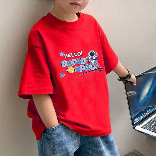 2104# Boys' Summer T-Shirt Short Sleeve Round Neck Loose Astronaut Print Summer Outfit Medium and Large Size Top