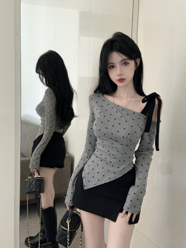 灰色波点露肩T恤打底衫女秋不规则褶皱收腰别致小衫甜辣斜肩上衣1|undefined
