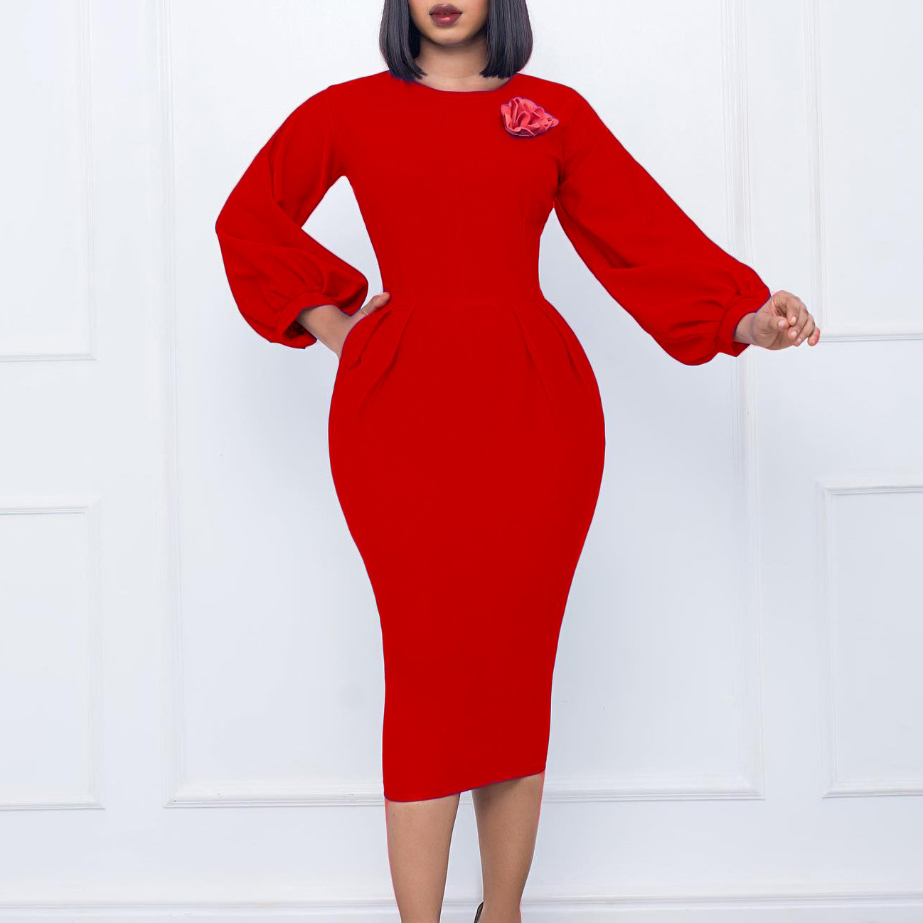 Women's Clothing autumn and winter new solid color bag hip professional OL temperament large size African dress_voghion.com