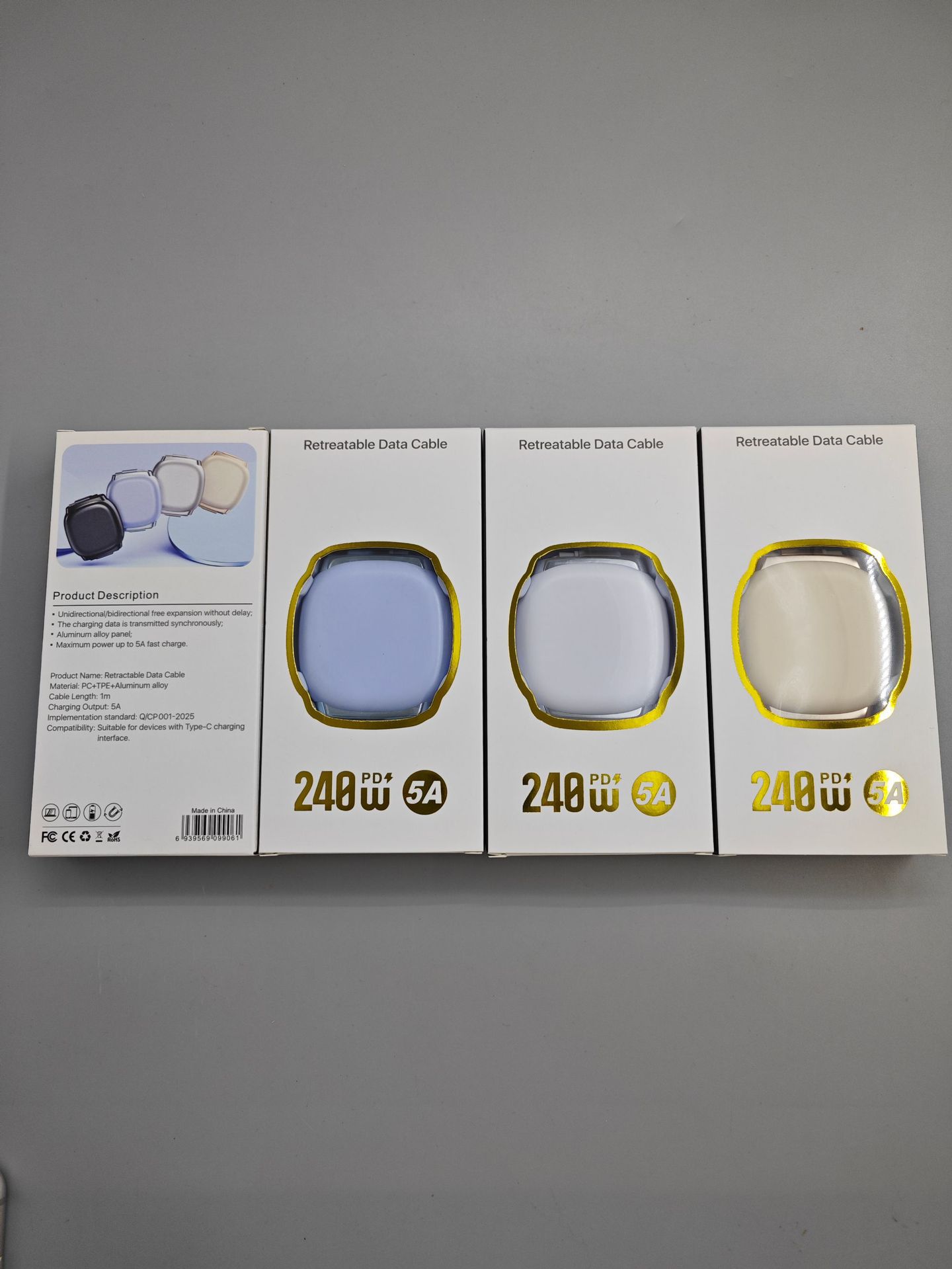 Cable de Carga Rápida Retráctil Doble Type-C 240W 1m de ABS, Carga Ultra Rápida, para Celular