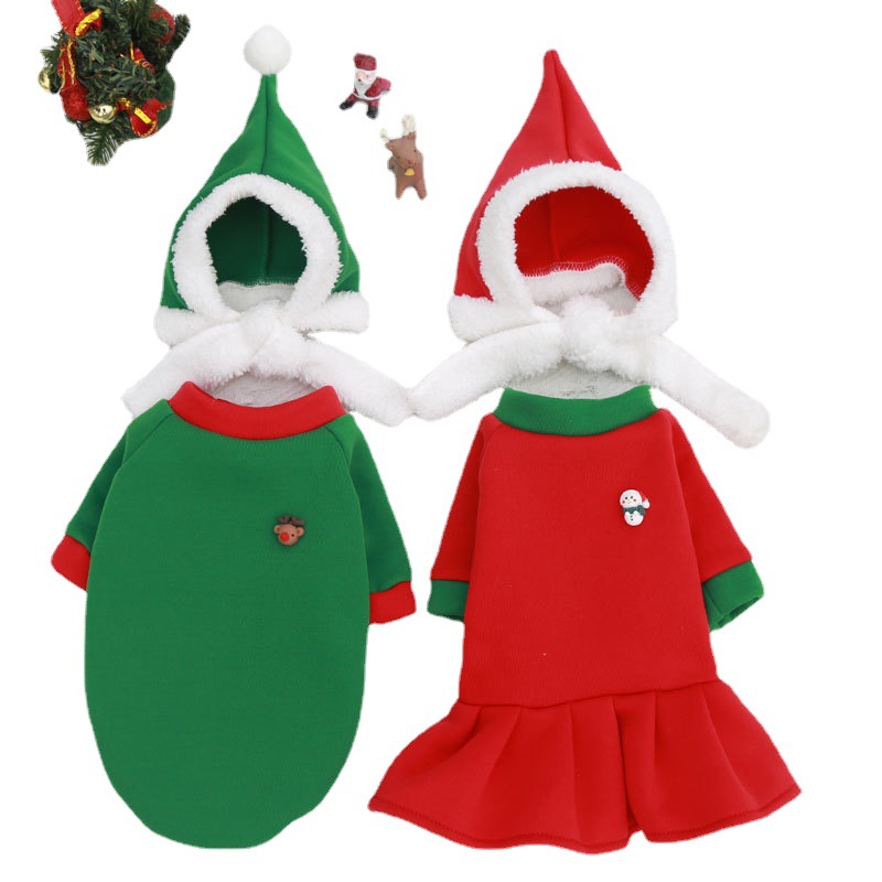 Navidad perro gato mascota ropa caliente sombrero de terciopelo pareja traje Otoño e Invierno peluche francés cubo bomei suministros