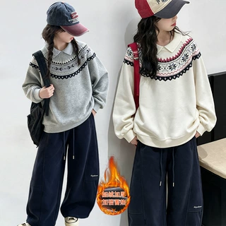女童秋冬保暖卫衣2026新款儿童宽松韩系中大童一体绒加厚上衣翻领
