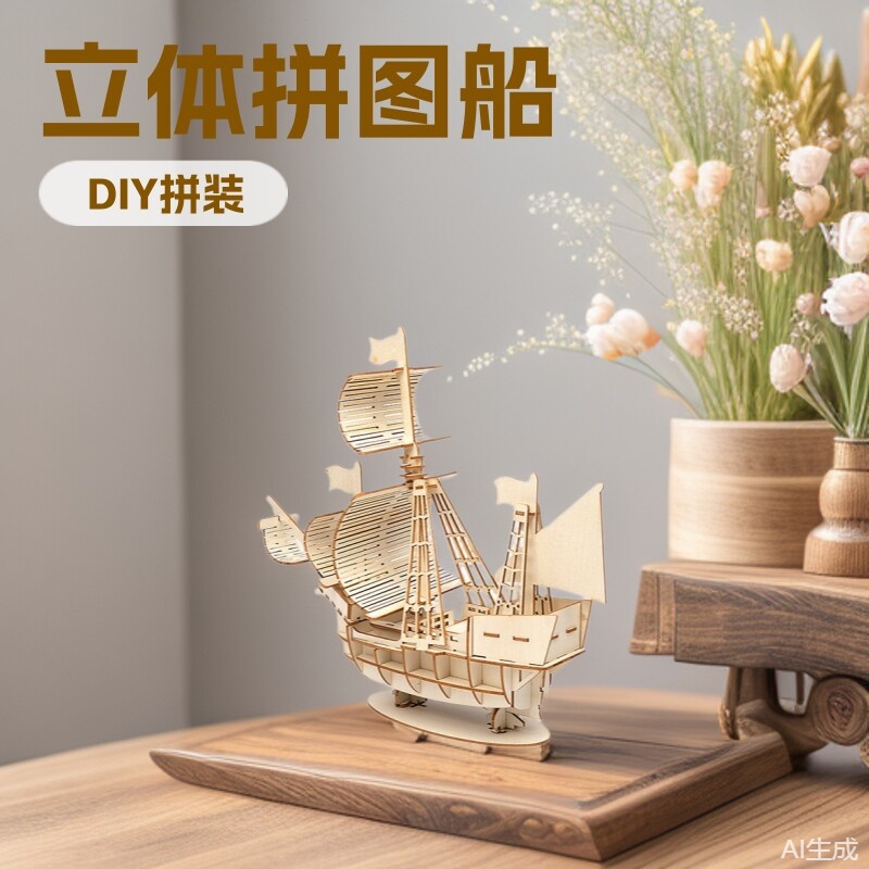 Rompecabezas tridimensional barco hecho a mano diy montaje de madera decoración modelo infantil pequeño juguete montaje de madera