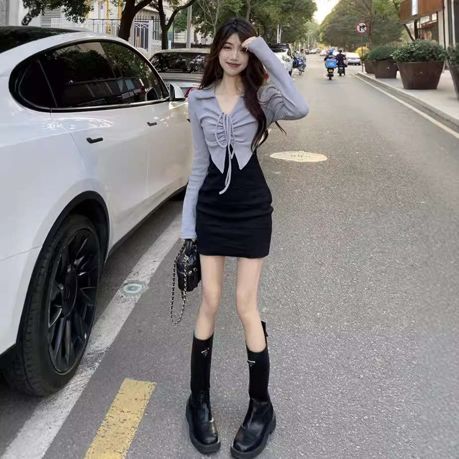 (2개) 달콤하고 매콤한 부드러운 바람 가짜 투피스 긴팔 원피스 여성 초가을 디자인 레트로 뜨거운 소녀 섹시한 힙합 스커트 짧은 치마