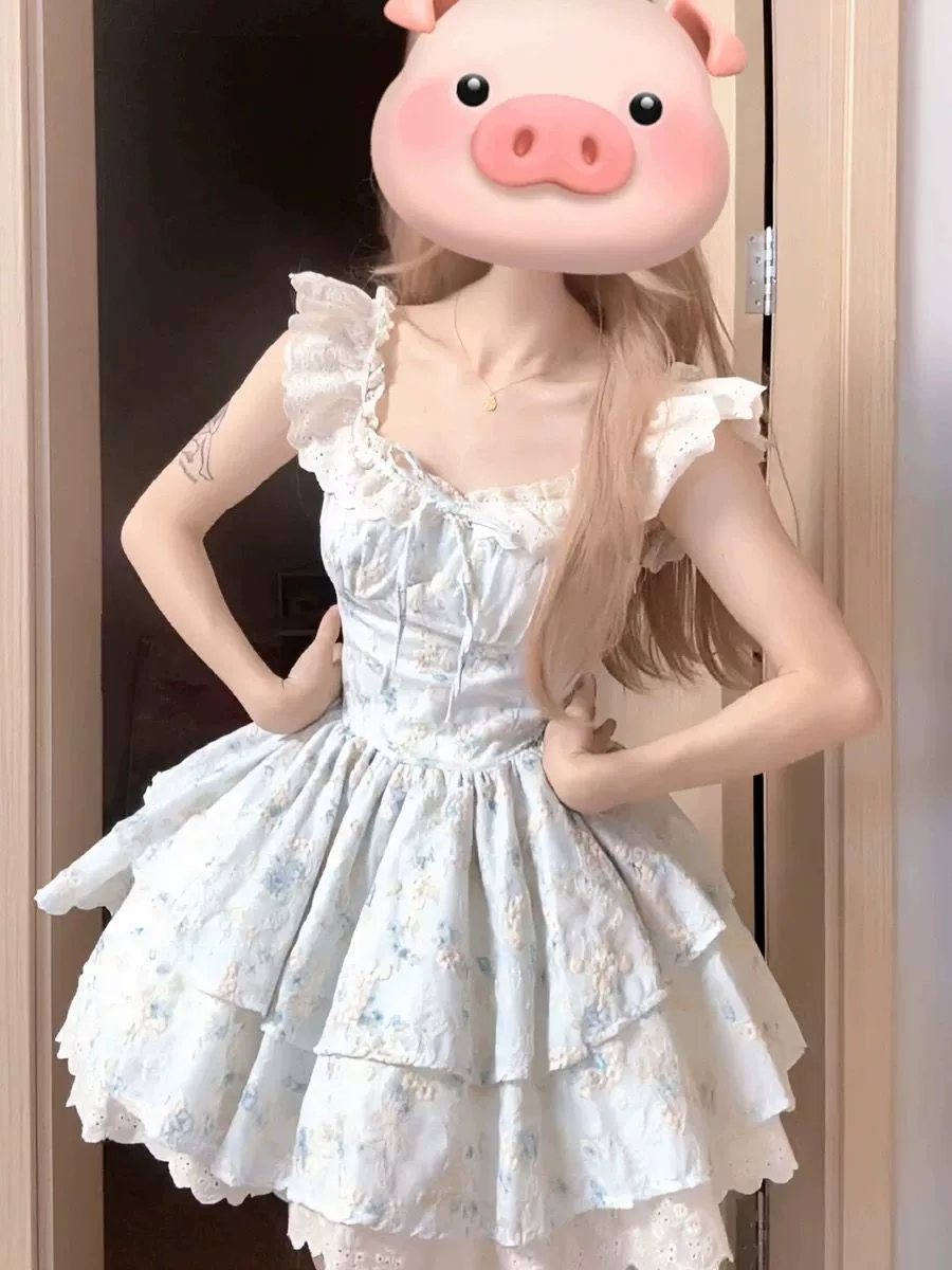 Платье с цветочным принтом Сакуры, женская летняя французская милая и милая маленькая летающая юбка, кружевная пышная короткая юбка с тортом