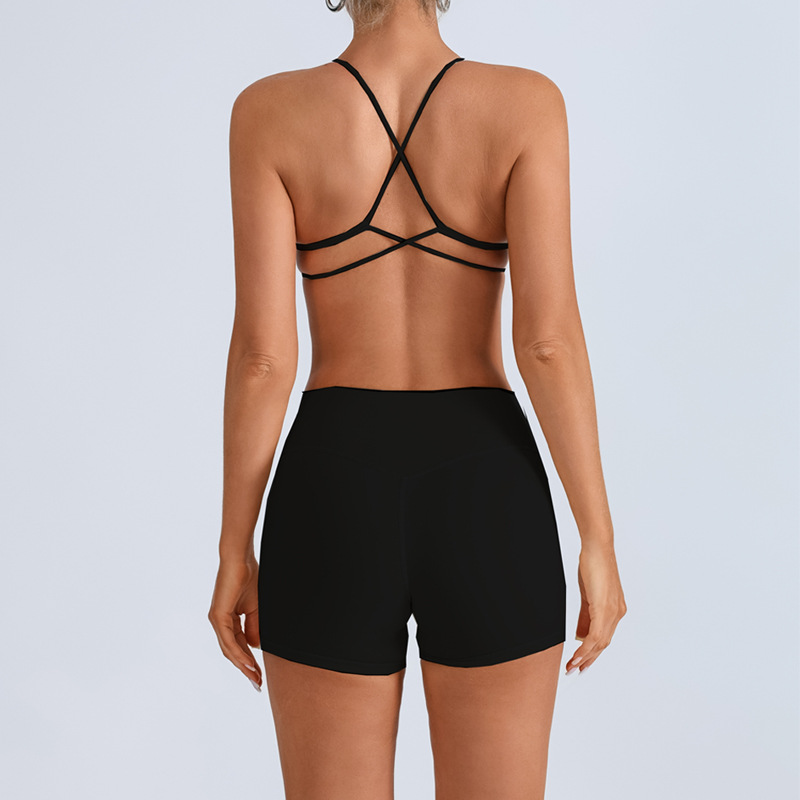 Traje de yoga europeo y americano transfronterizo, espalda hermosa con almohadilla para el pecho, sujetador con tirantes cruzados, pantalones deportivos de secado rápido de melocotón de cintura alta