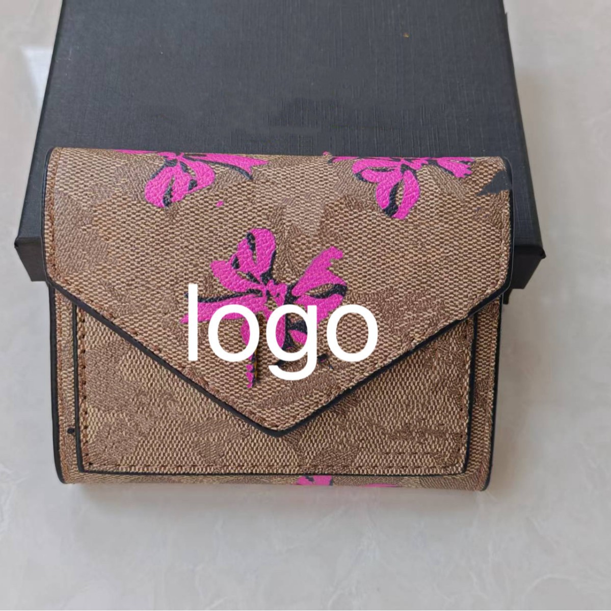 Bolso mujer 2025 nueva cartera impresión transfronteriza cartera corta withbox tres plegados cartera letras bolsa de comercio exterior