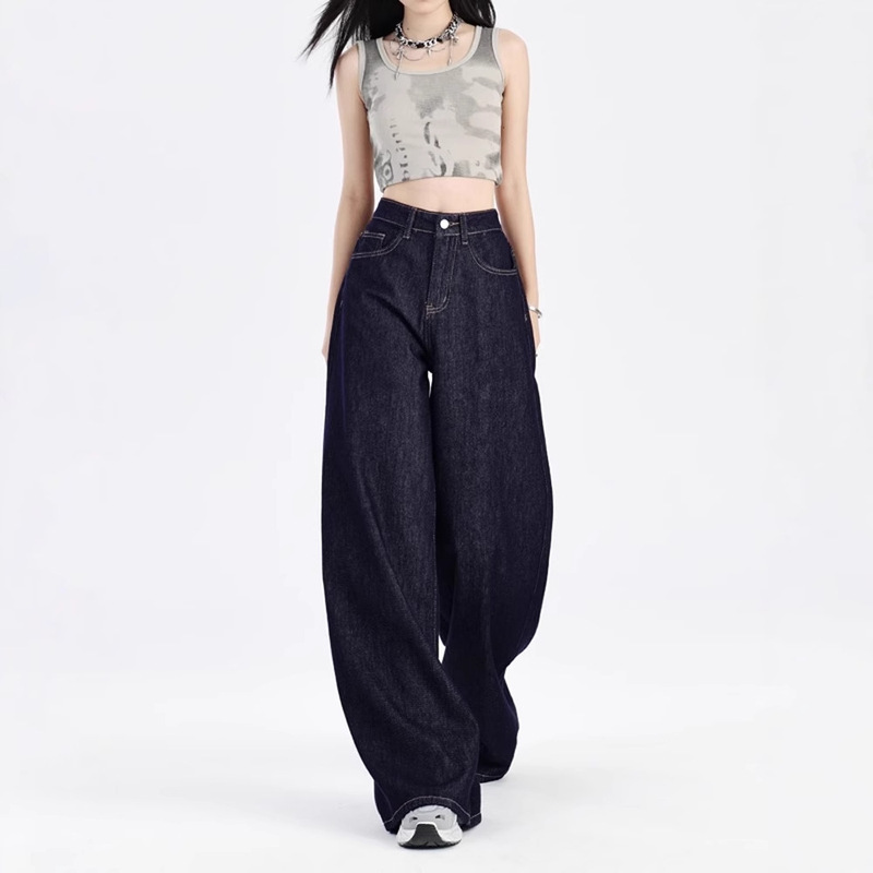 American-Style Denim Wide-Leg Jeans for Women, Autumn Dark Blue Mid-Waist Hip-Covering Loose Drape Straight-Leg Pants That Make Legs Look Longer