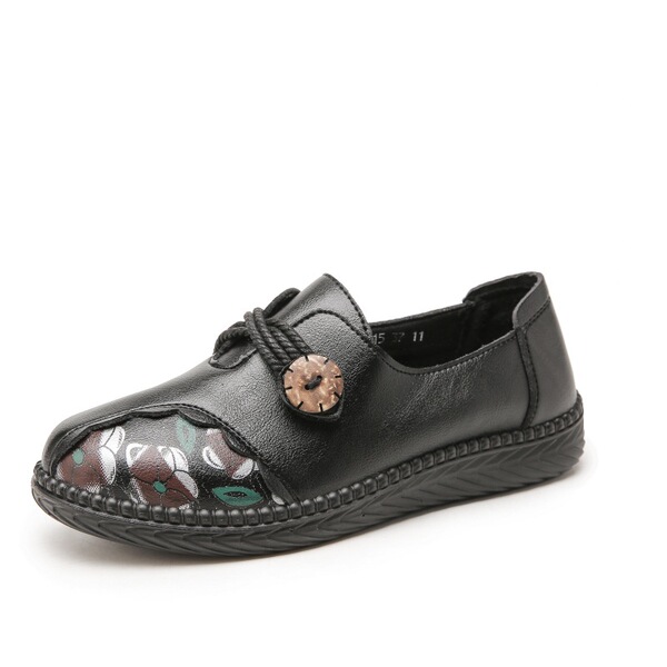 Ready Stock Spring and Autumn Mother's Shoes, Soft-Soled Single Shoes, Middle-Aged and Elderly Women's Shoes, Middle-Aged and Elderly People's Leather Shoes, Lightweight, Non-Slip, Floral Design
