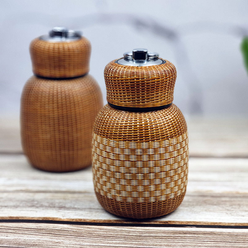 手工竹编扣丝保温杯不锈钢迷你旅行便携水杯复古水壶保温杯车载杯