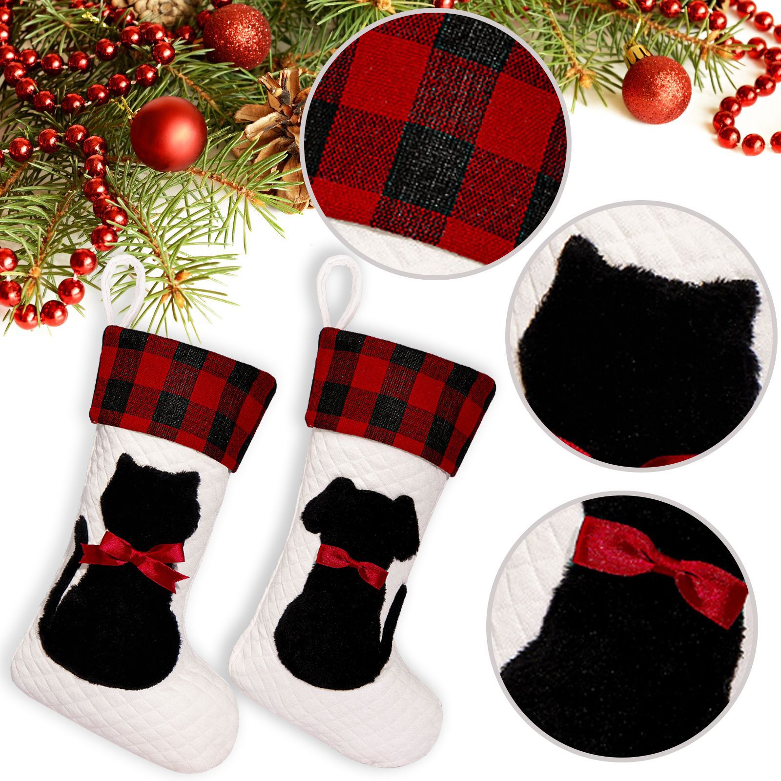Mascotas transfronterizas calcetines de Navidad rojo y negro cuadrado perro gato bolsas de regalos de Navidad colgantes de árbol de Navidad atmósfera de vacaciones bolsas de regalos