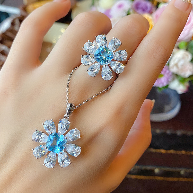 Jewelry Imitation Natural Blue Topaz Necklace Diamond Earrings Ring Pendant display picture 4