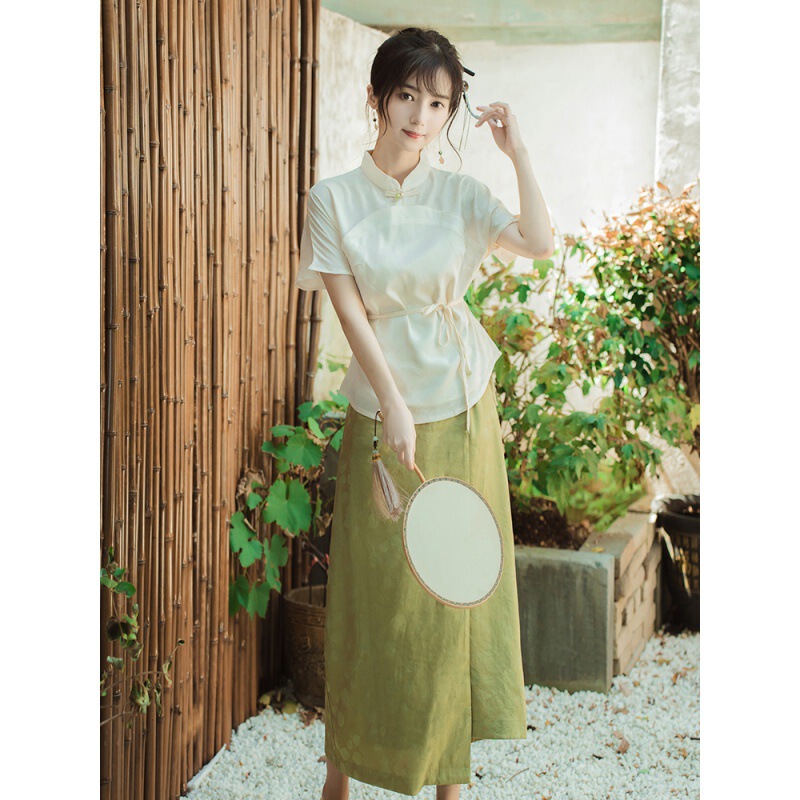 New Chinese Style Retro Tea Artist Hanfu Han Element Zen Improved Cheongsam Dress Two-piece Suit Summer