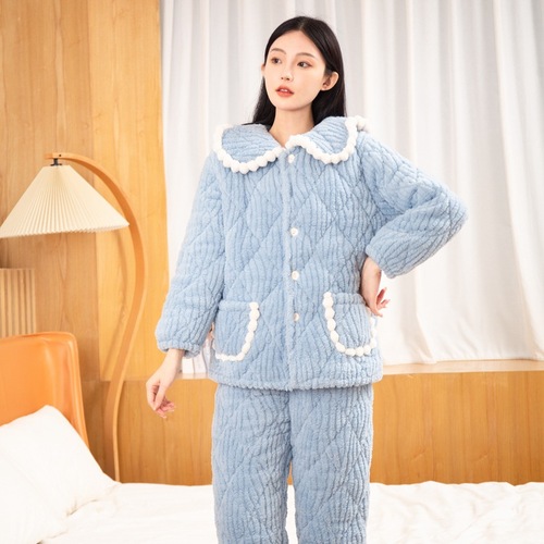 Flannel parent-child pajamas for women and children, three-layer thickened quilted warm home clothes set, mother and daughter clothing