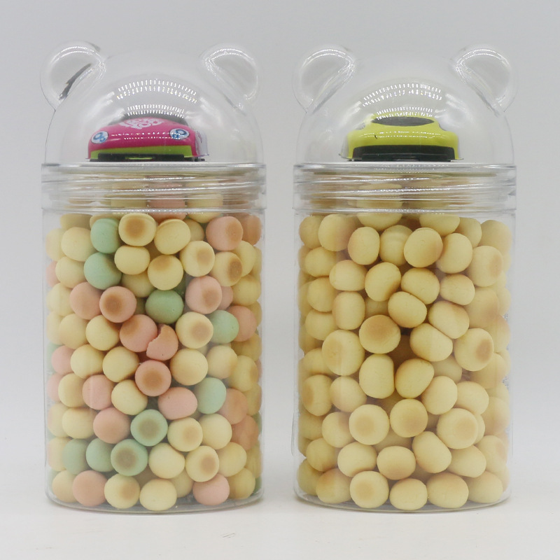 Children's puffed snacks with yolk and fruit flavors small steamed buns bear bottle back to Li small car candy toys wholesale