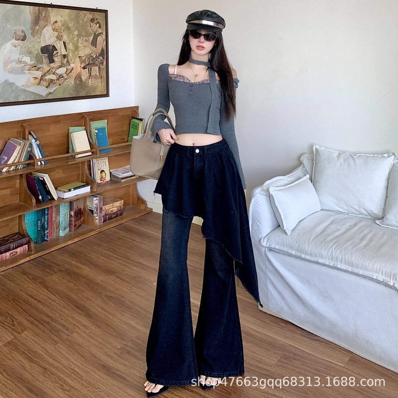 Fake Two-Piece Trousers, Straight-Leg Flared Pants, Retro Washed Design, Irregular Hem Jeans, New Hot Style for Hot Girls