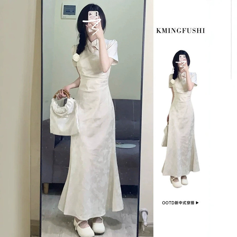 2026 New Style Petite Women's Summer Dress, New Chinese Style Improved Qipao, Beautiful Waist-Cinching White Long Dress