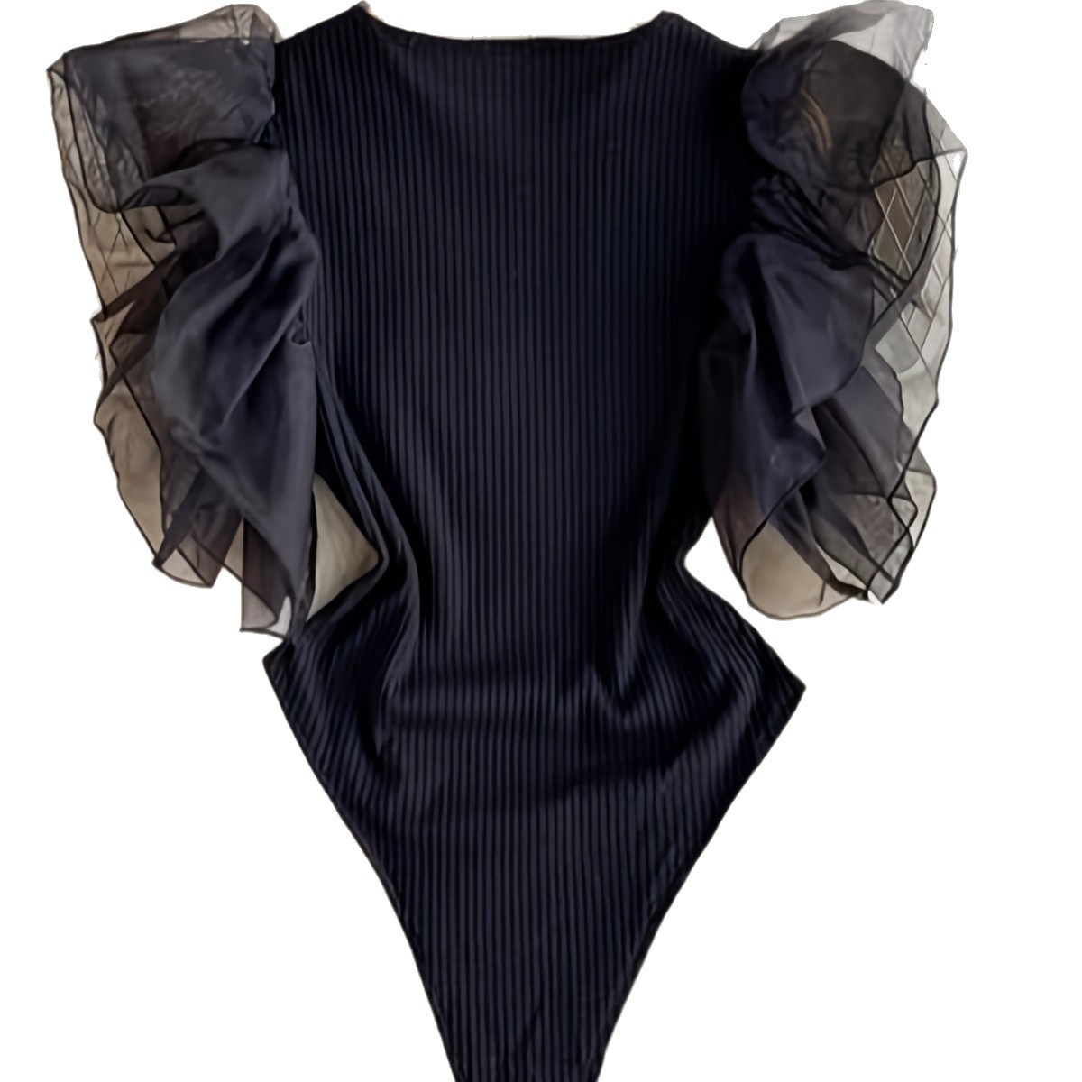 Sensuale body in rete con inserti in pizzo e texture a coste - Top corto che valorizza la figura femminile, elastico e traspirante_voghion.com