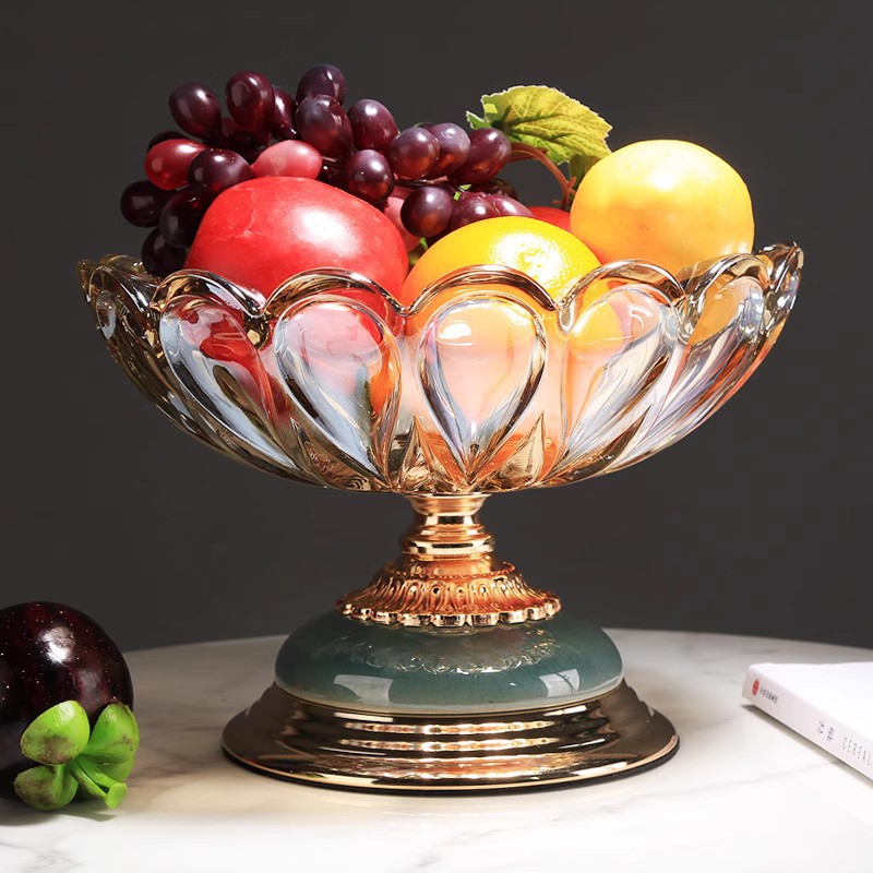Plato de caramelo de vidrio de cristal para el hogar de la sala de estar Plato de vidrio de cristal de lujo ligero Plato de fruta de alta gama pastoral de estilo europeo de estilo chino