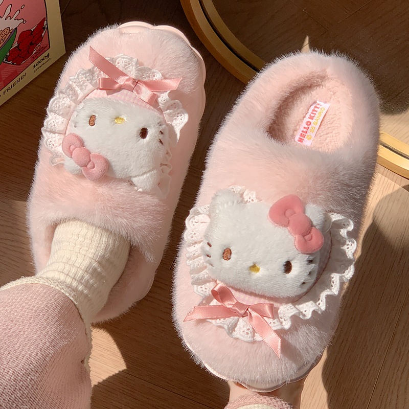 Sanrio Genuine Kidsren's Cotton Slippers for Girls Winter Indoor Plush Shoes for Home Use Warm Family Cotton Slippers