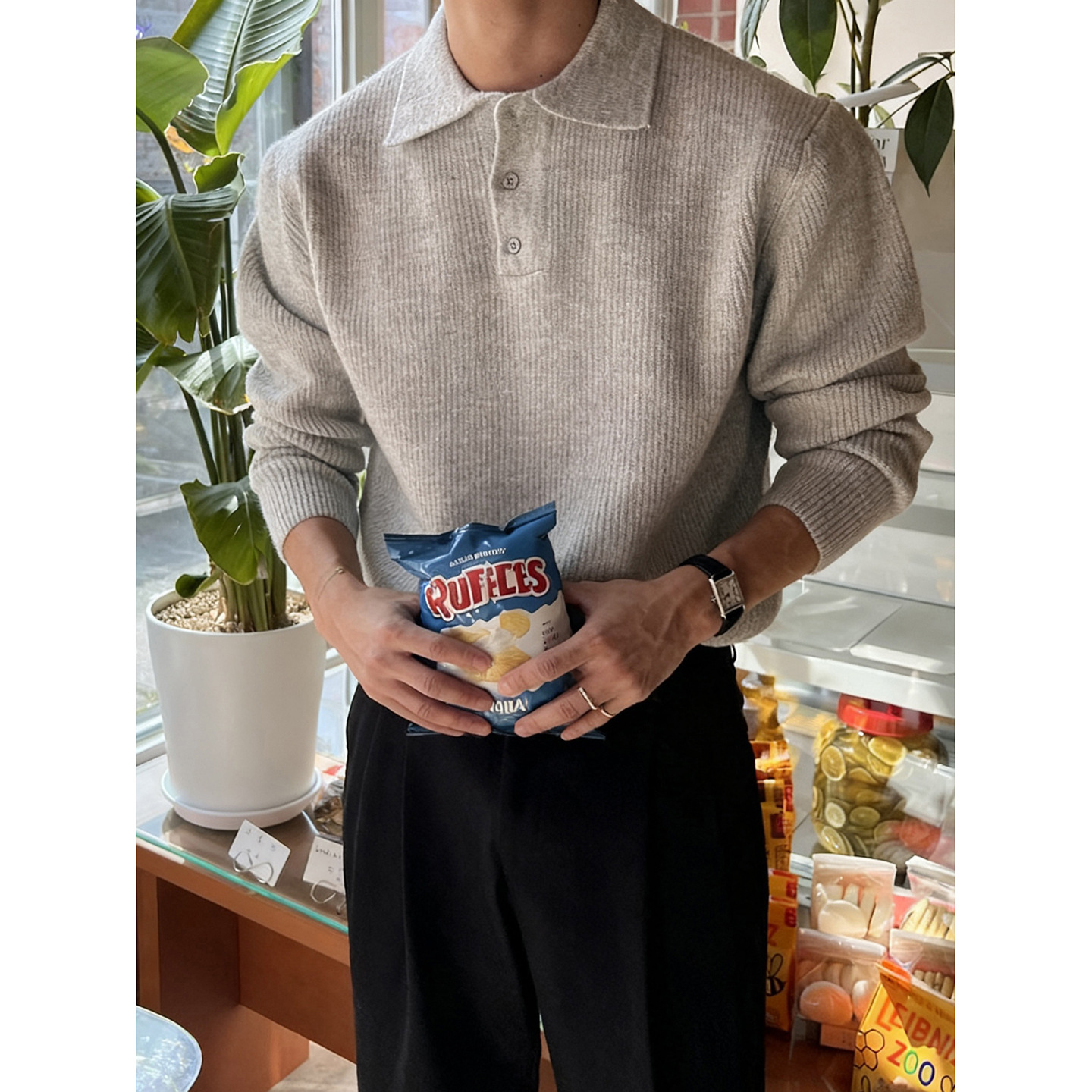 韩系翻领毛衣针织POLO衫 花灰 5081/P88 控128