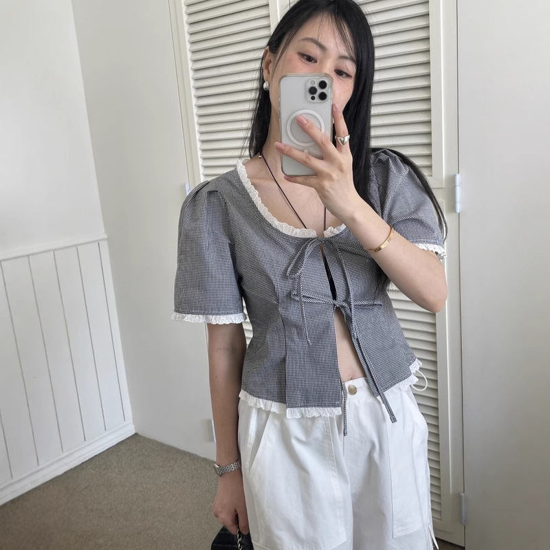 2026 Summer New Sweet Youthful Square-Neck Plaid Lace Patchwork Tie Bow Waist-Cinching Shirt for Women