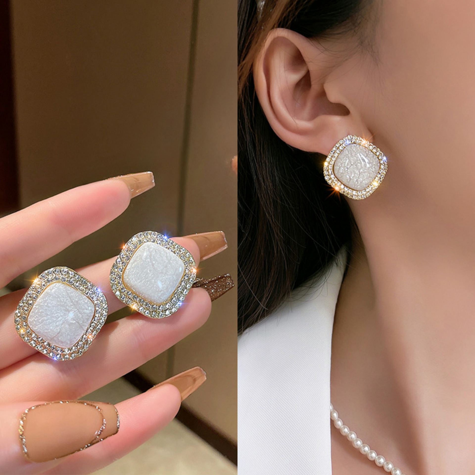 New Ice Cracked Geometric Earrings French Elegant High-end Diamond Earrings Ins Elegant Female Socialite All-match Earrings