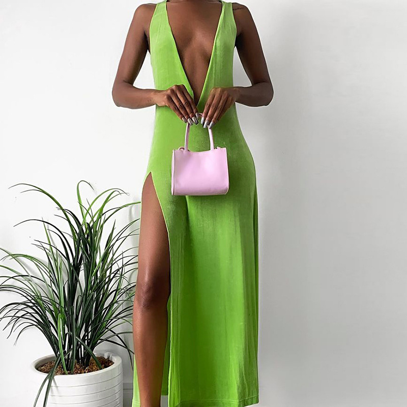 solid color sexy deep V-neck sleeveless slit dress NSWWW135427