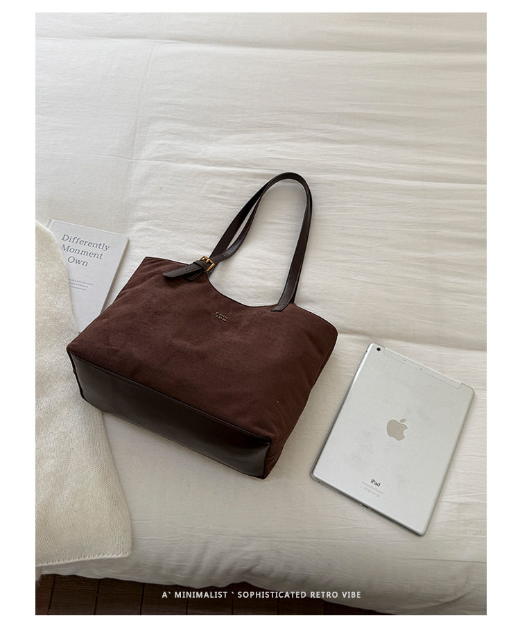Túi tote nữ cỡ lớn phong cách retro, đựng nhiều đồ, có quai đeo vai và kẹp nách — Màu cà phê PU, PU đen, màu cà phê, đen chi tiết 5