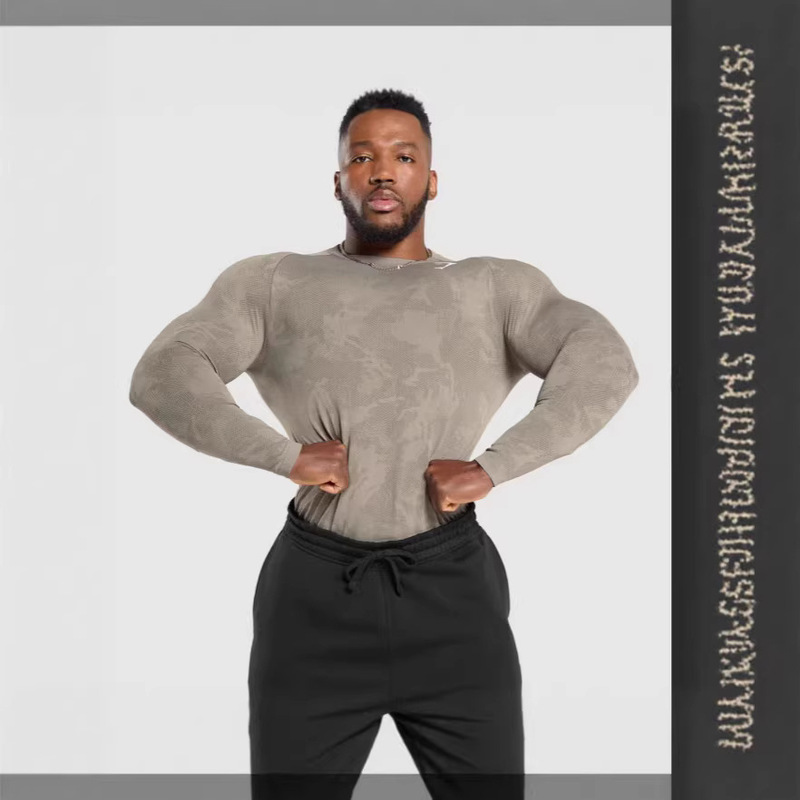 Shark Fitness Sports Tights Long-Sleeved Men's Casual Breathable Quick-Drying Clothing Round Neck Autumn Style Outdoor Running