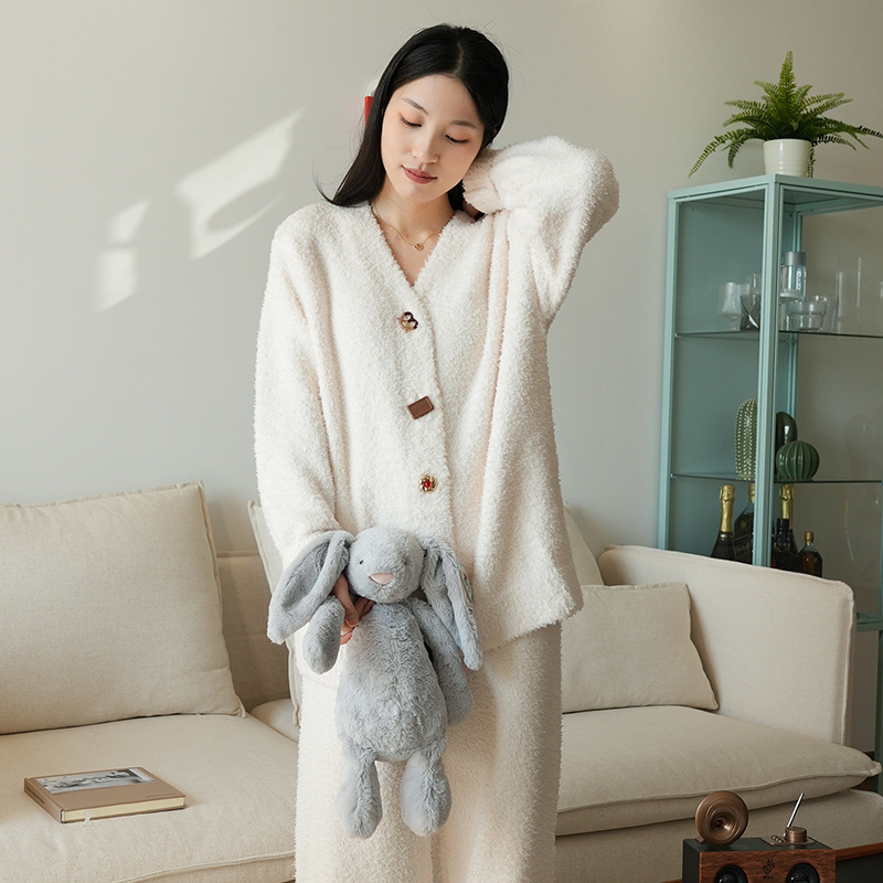 Special offer: warm and soft autumn/winter half-fleece pajama set for women, featuring a solid-color cardigan, long-sleeved top, and long pants, suitable for postpartum wear