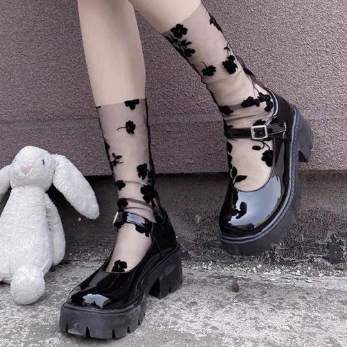Japanese-style JK black lace short socks for women rose embroidery glass silk transparent lace short mid-calf summer ultra-thin style 